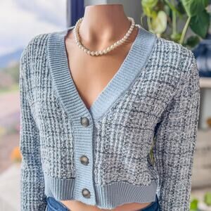 NWT-Miami of Francesca's, Lara Tweed Button Up Crop Blue Cardigan, Women's Small